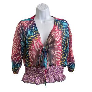 bebe Women's Y2K Multicolor Babydoll Sheer Top Size S Festival Coquette Girly‎